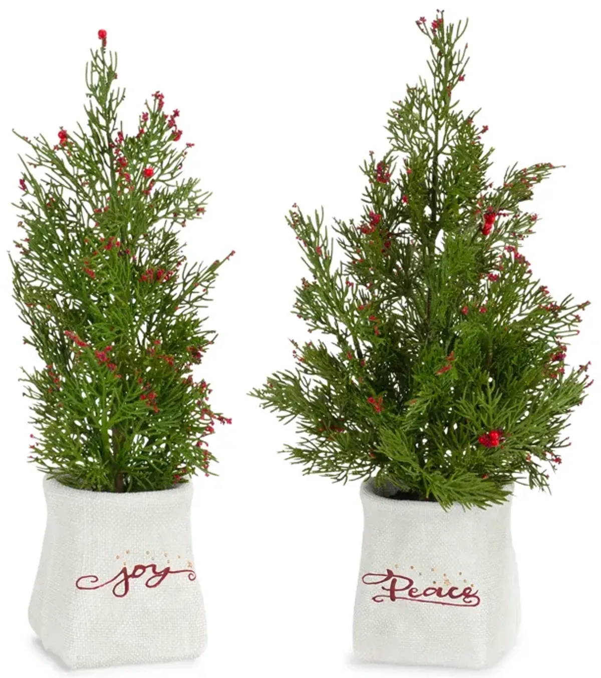 Set of 2 Mini Pine Trees with Berries in Ceramic Pots for Holiday and Seasonal Décor