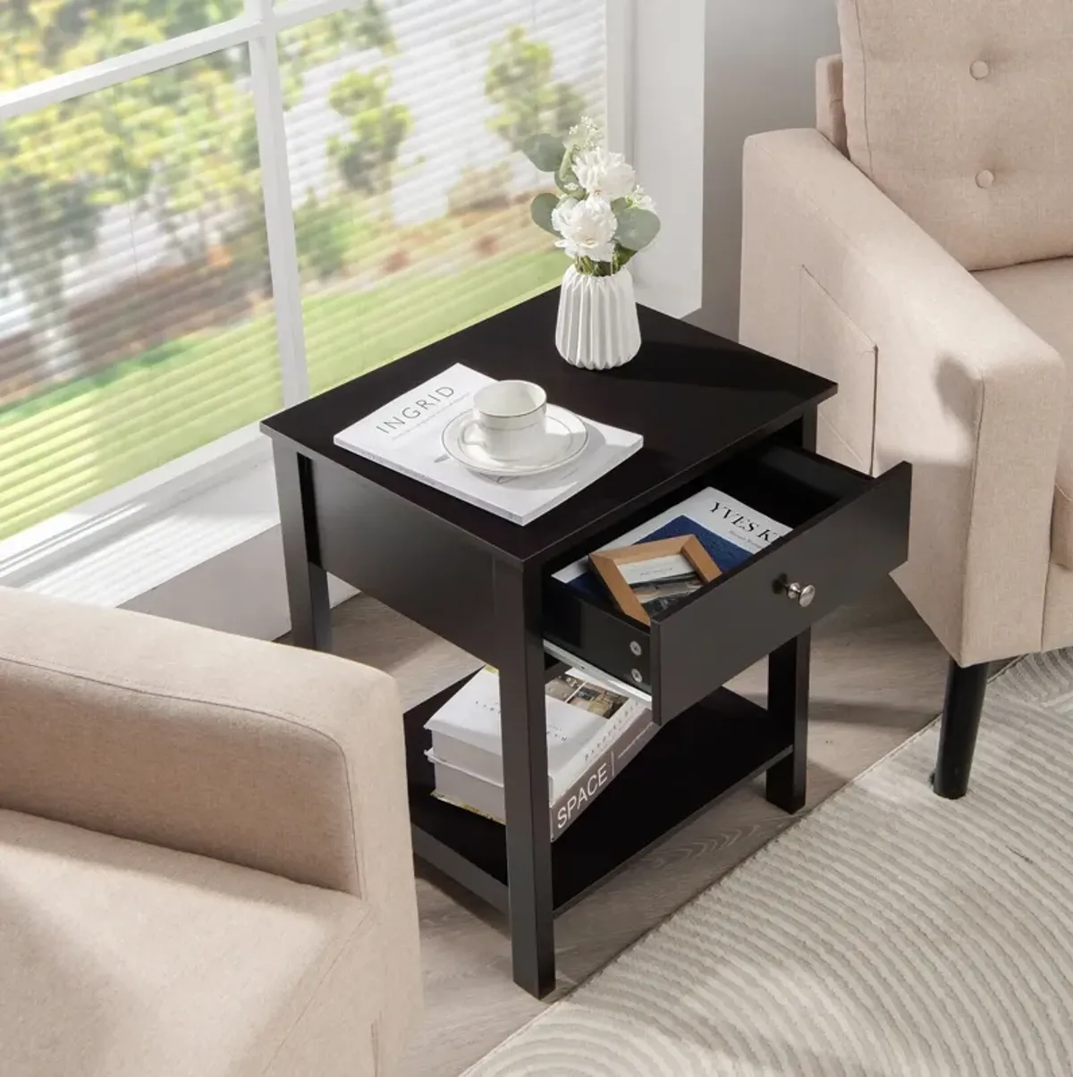 Wooden Storage Shelf with Drawer for Bedroom and Living Room