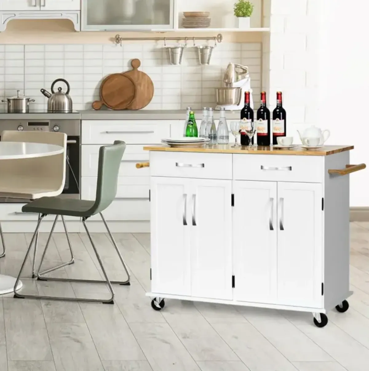 Hivvago Wood Top Rolling Kitchen Trolley Island Cart Storage Cabinet