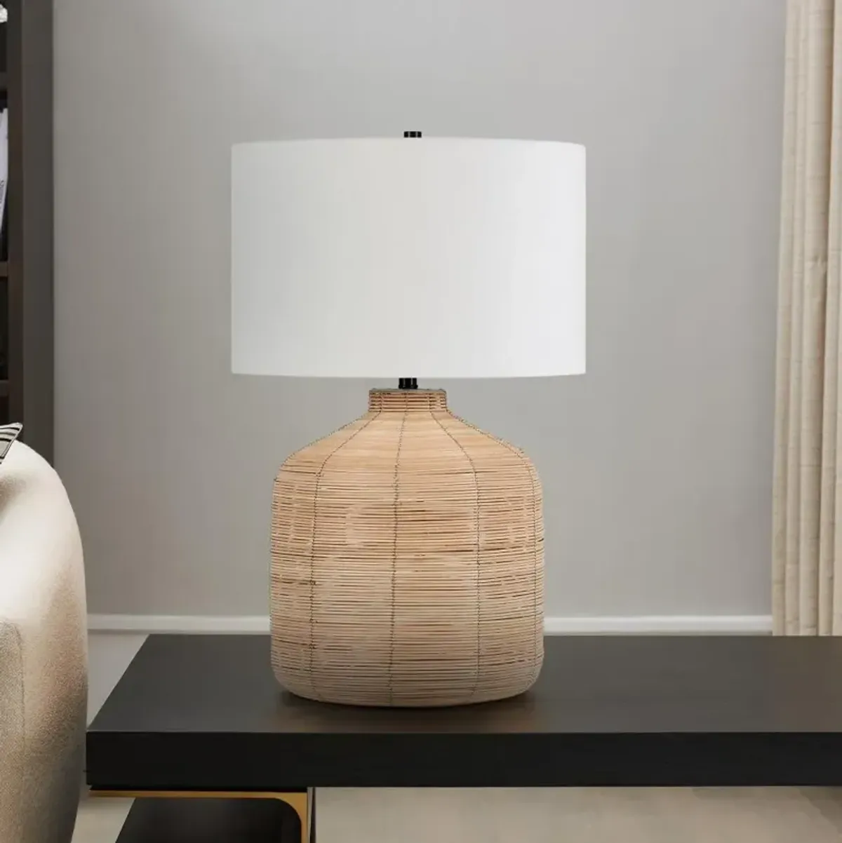 Hivvago 27" Natural Rattan Table Lamp With White Drum Shade