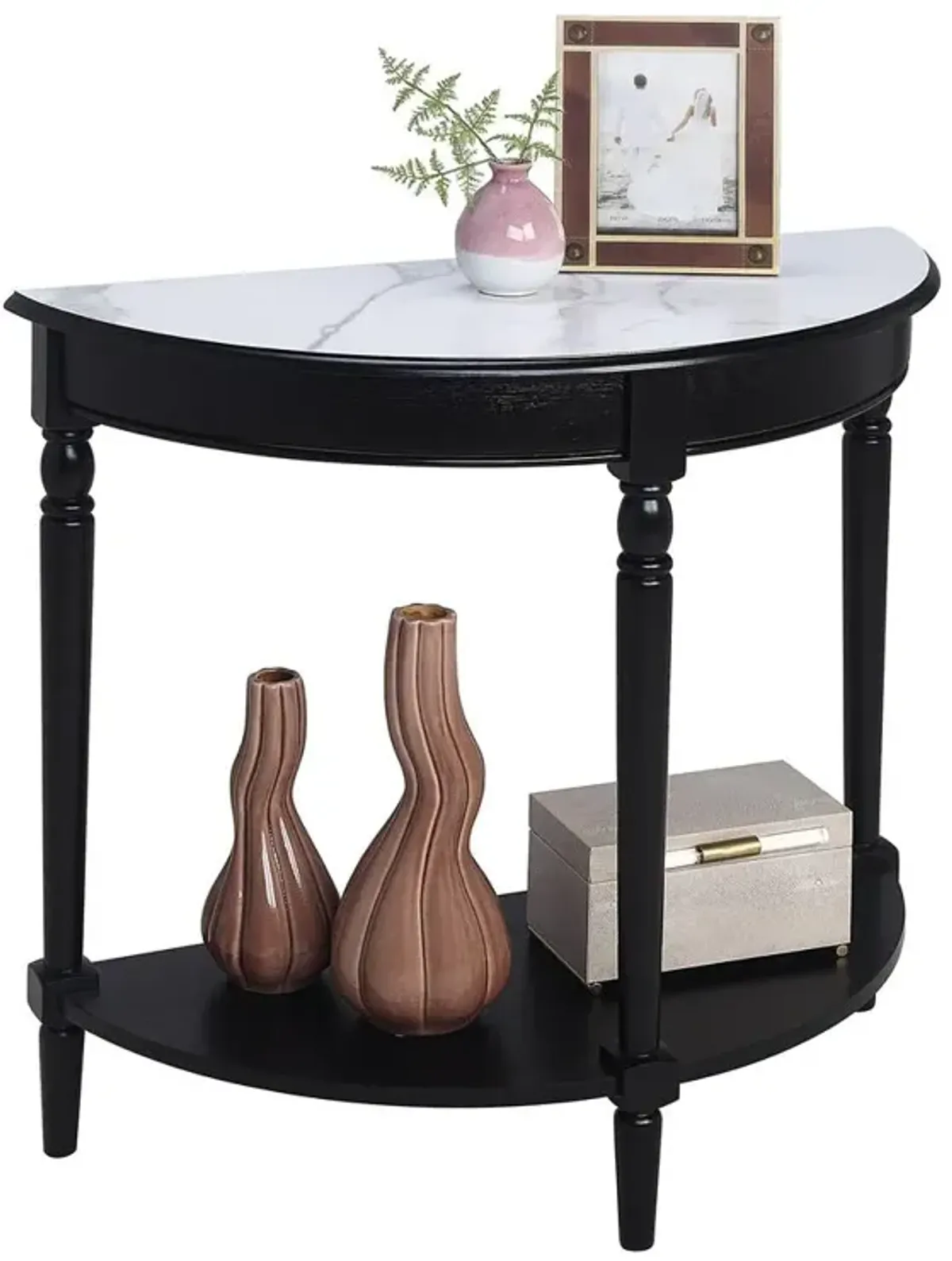 Convenience Concepts French Country Half-Round Entryway Table with Shelf, White Faux Marble/Black