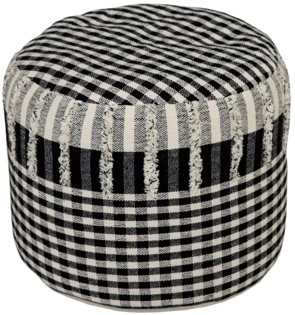 Hivvago 18 Inch Black Cotton Cylinder Plaid Pouf Ottoman