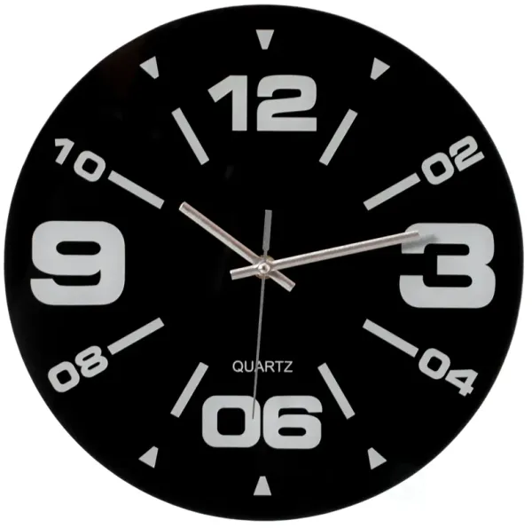Black Decorative Unique Modern Round Glass Wall Clock, for Living Room, Kitchen, Dining or Bedroom