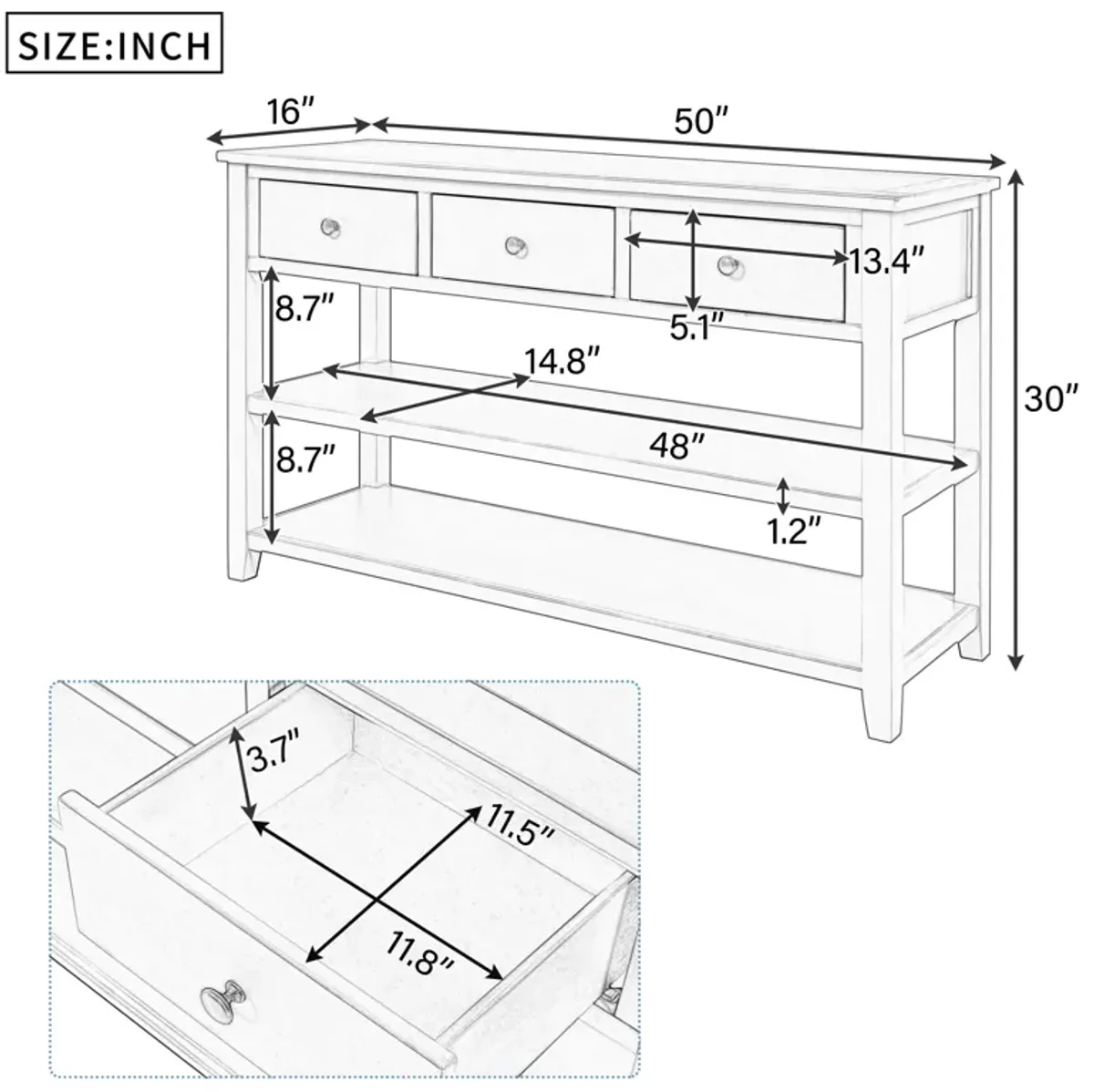 Merax Retro Design Console Table with 3 Drawers