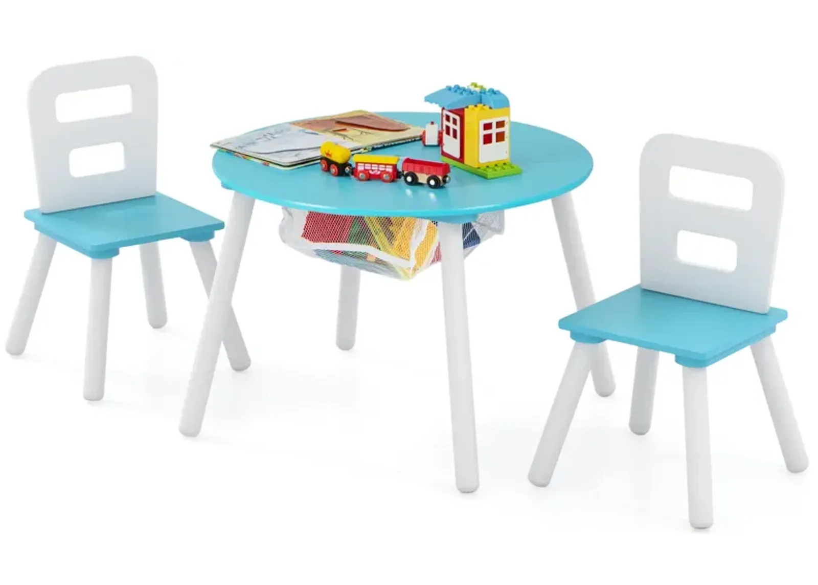 Wood Activity Kids Table and Chair Set with Center Mesh Storage for Snack Time and Homework