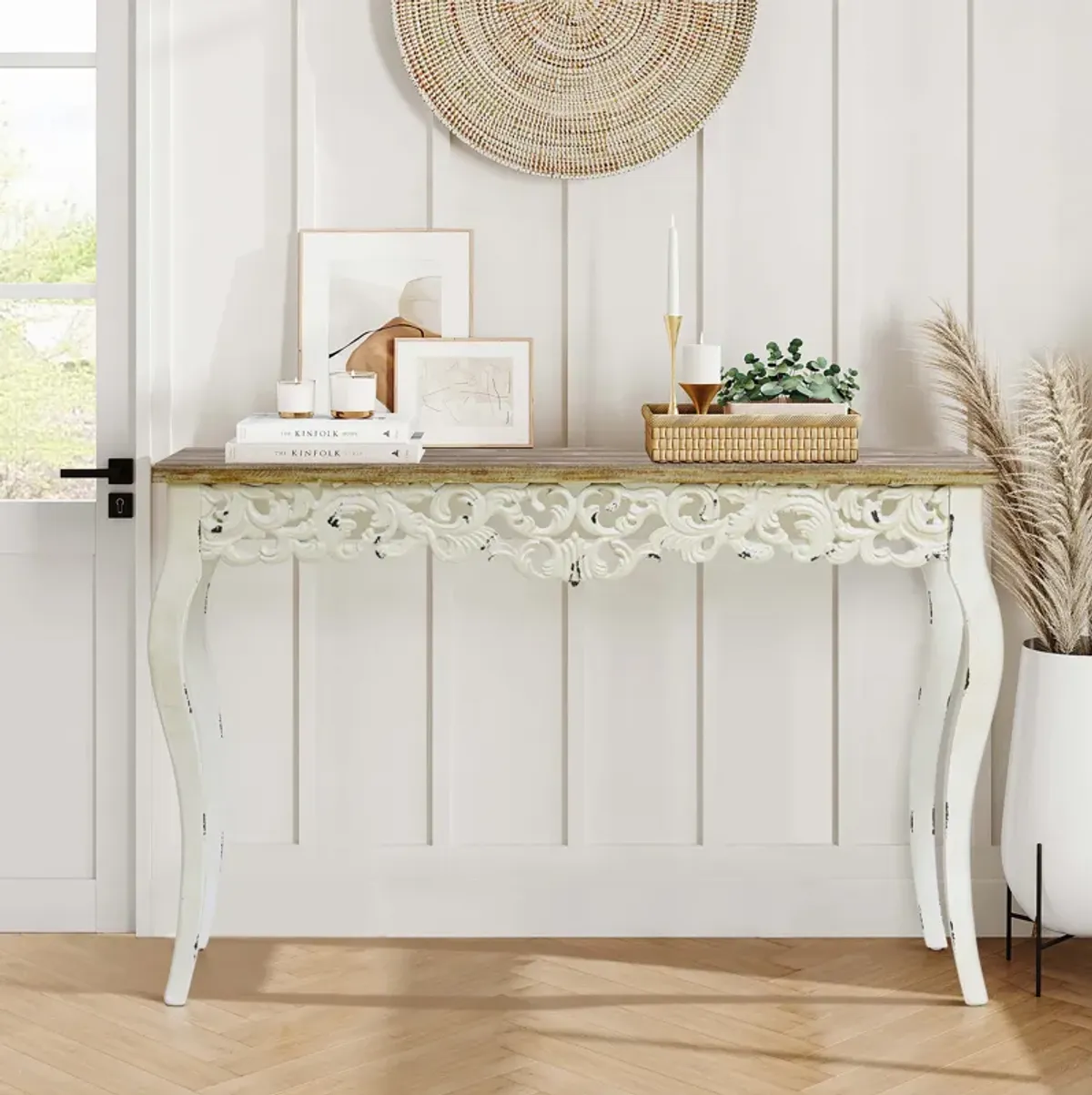 LuxenHome Victorian Off White and Natural Wood Console and Entry Table