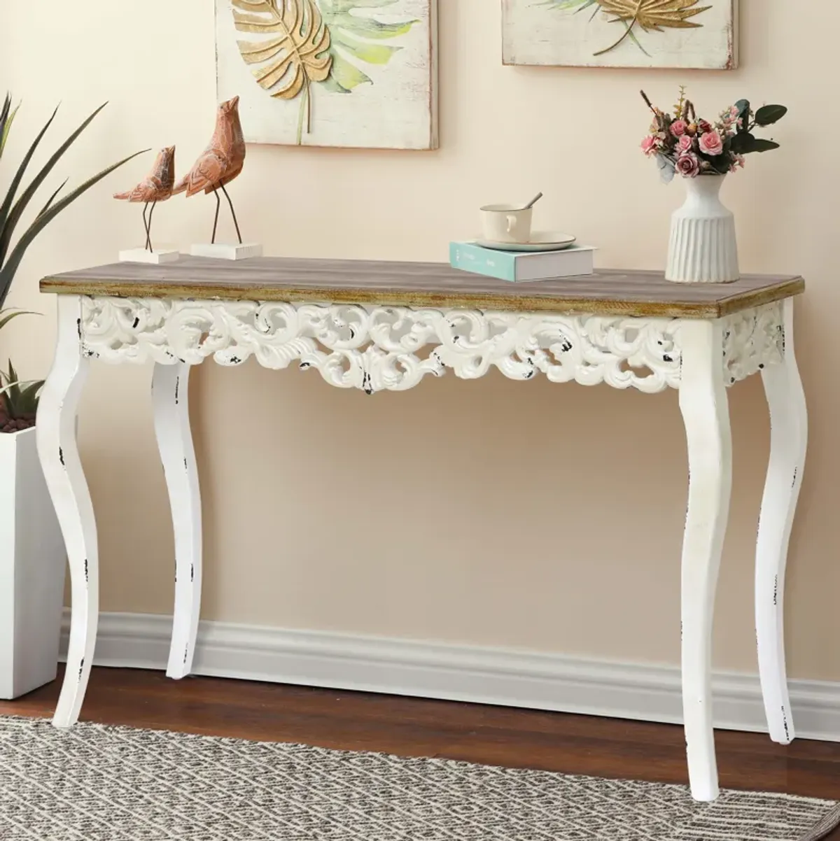 LuxenHome Victorian Off White and Natural Wood Console and Entry Table