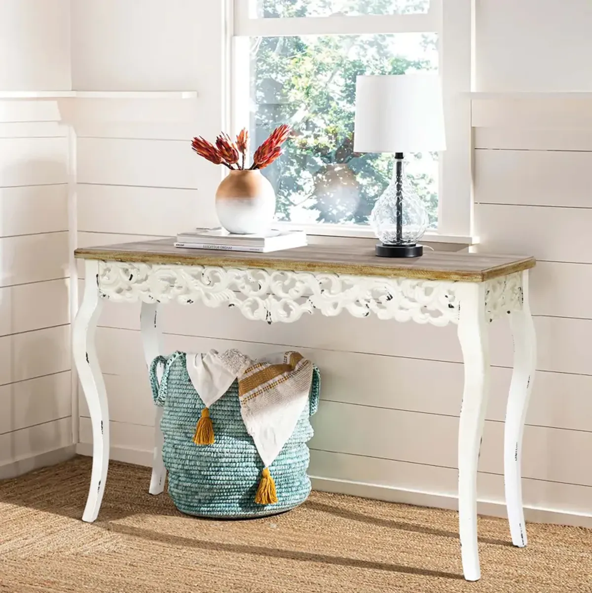 LuxenHome Victorian Off White and Natural Wood Console and Entry Table