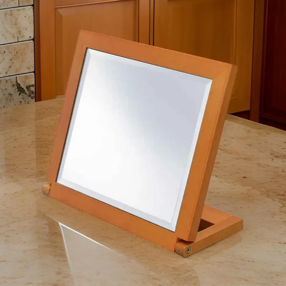 Wooden Rectangular Tilted Bevelled Mirror, Brown and Silver - Benzara