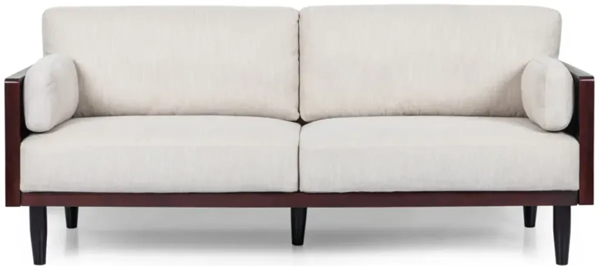 Sofa, 77 Inch, 2 Seater, Retro Style Tapered Wood Legs, Plush Beige - Benzara
