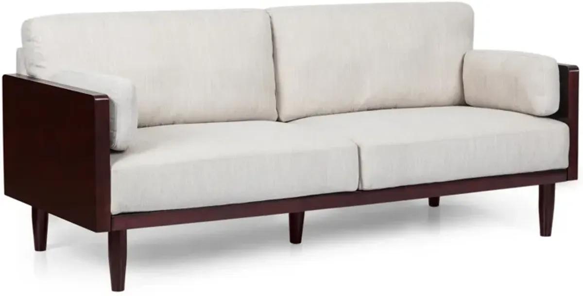 Sofa, 77 Inch, 2 Seater, Retro Style Tapered Wood Legs, Plush Beige - Benzara