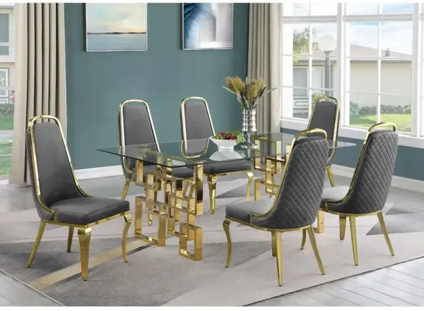 7-piece glam dining set with 6 Dark grey chairs and one 79" glass dining table