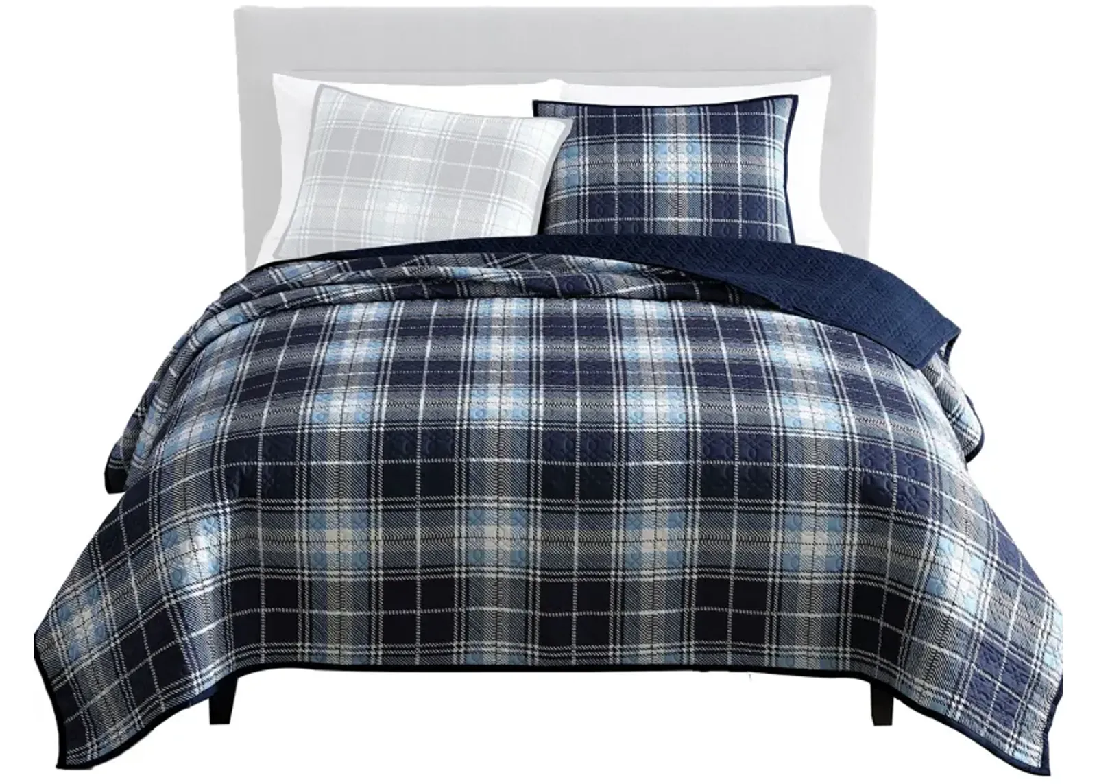 Ivy 2 Piece Twin Size Plaid Coverlet with Matching Sham, Blue, White - Benzara