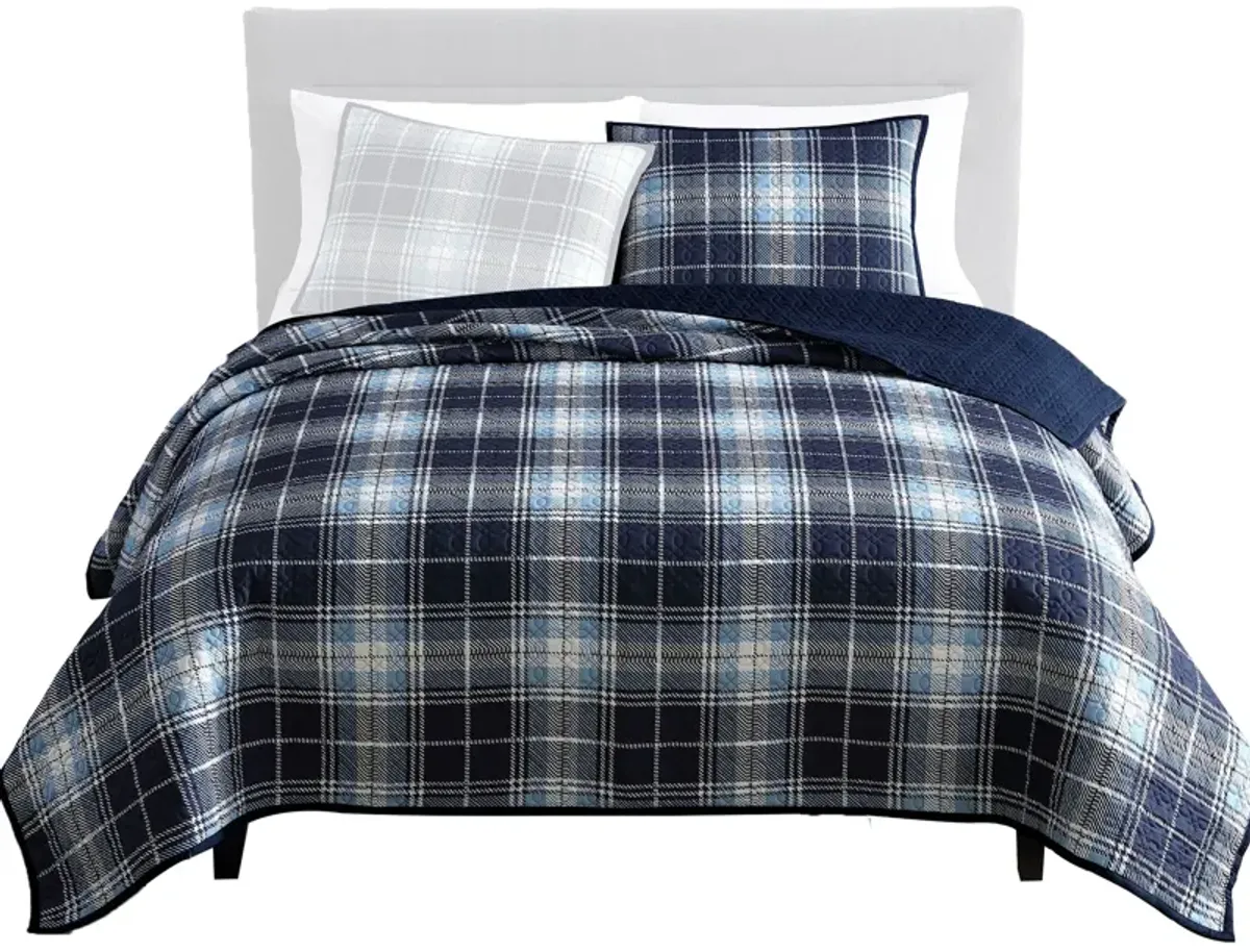 Ivy 2 Piece Twin Size Plaid Coverlet with Matching Sham, Blue, White - Benzara