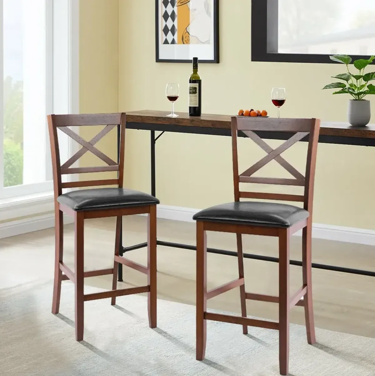 Set of 2 Bar Stools 25 Inch Counter Height Chairs with PU Leather Seat