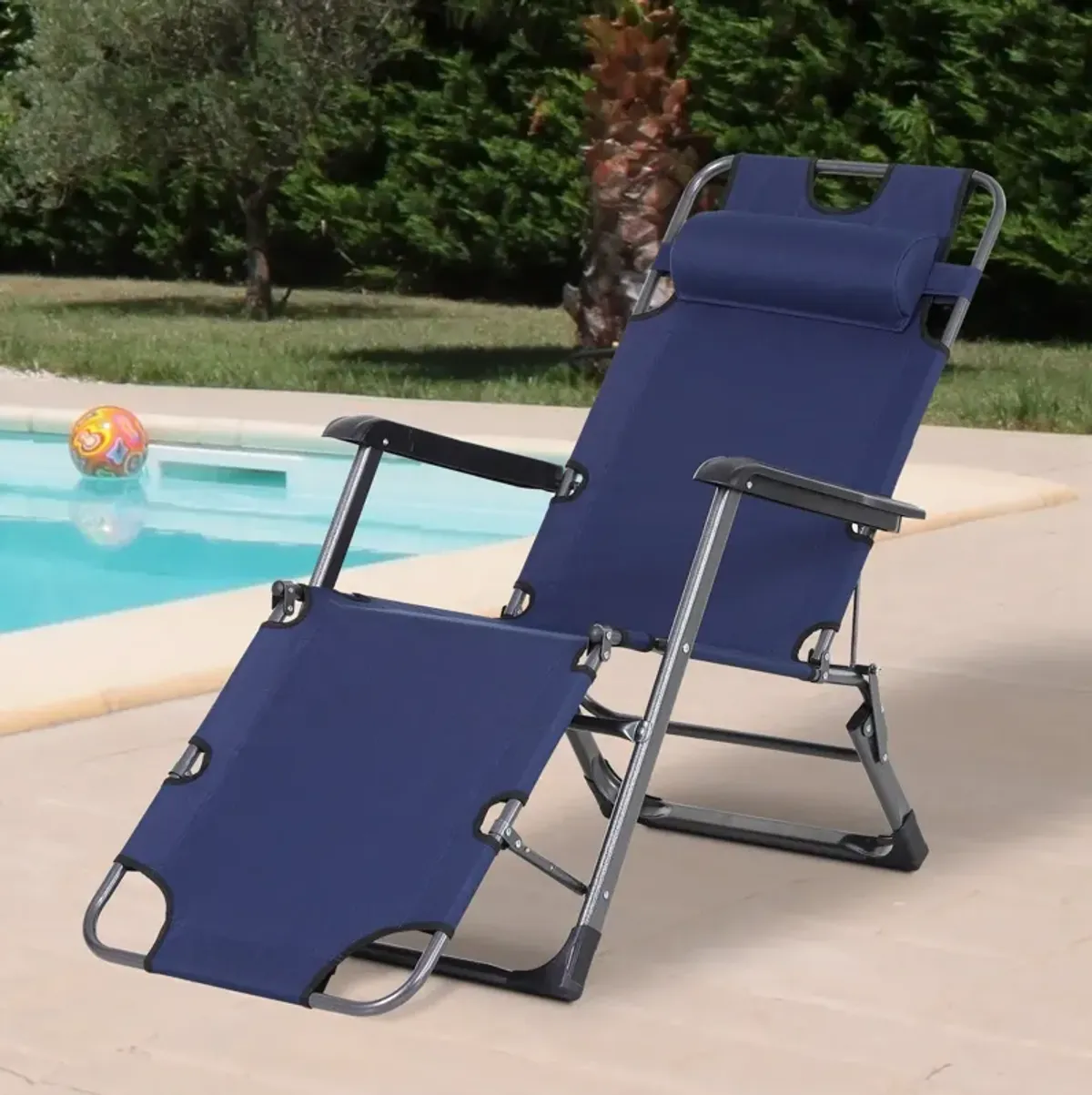 Navy Sleek Sunbather: Folding Metal Lounger with Curved Frame