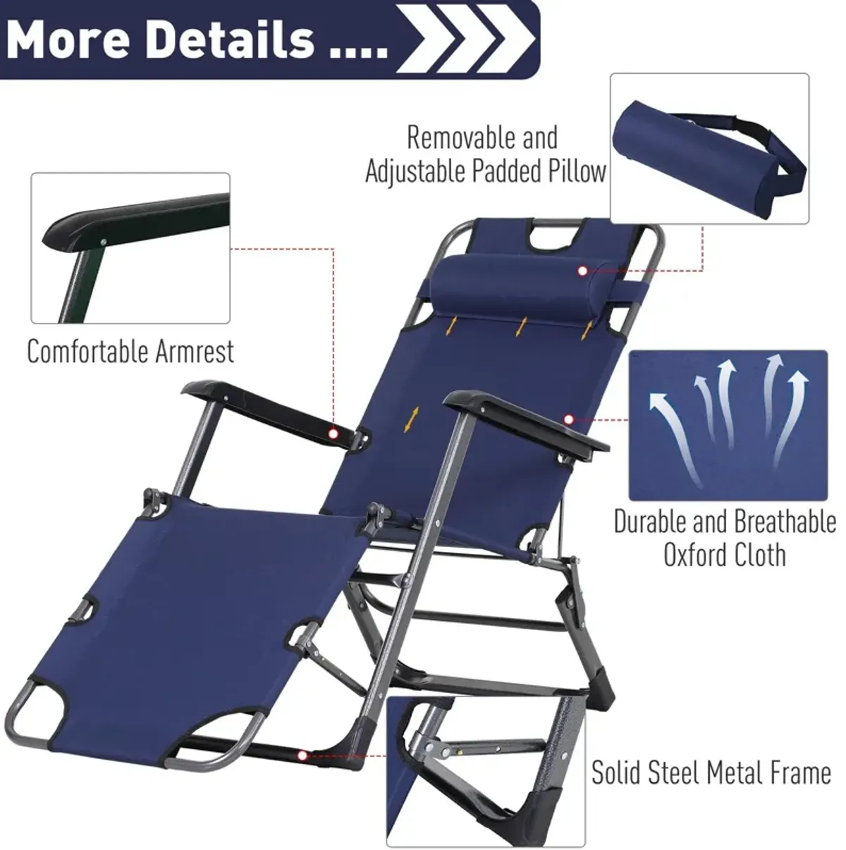 Navy Sleek Sunbather: Folding Metal Lounger with Curved Frame