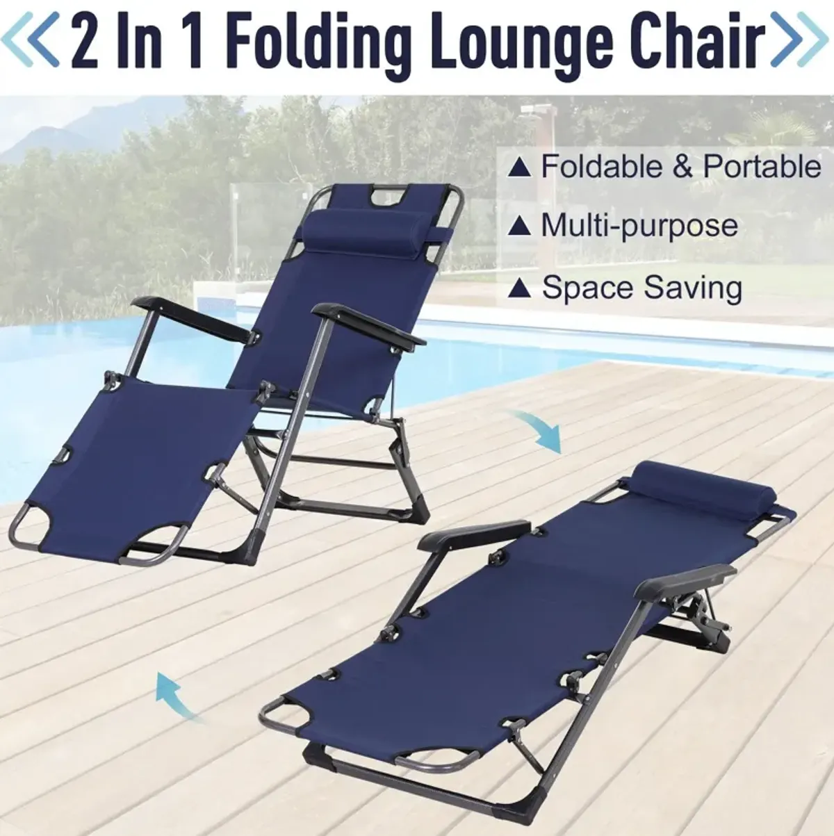 Navy Sleek Sunbather: Folding Metal Lounger with Curved Frame