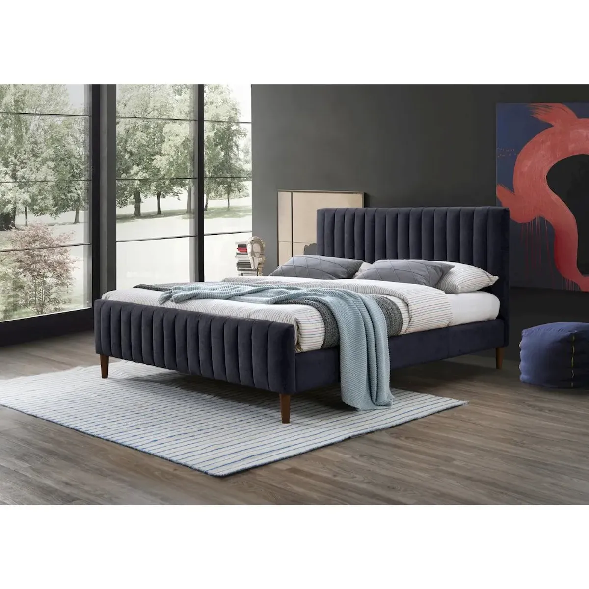 Omax Decor Spencer Wood/Fabric Upholstered Queen Platform Bed in Blue