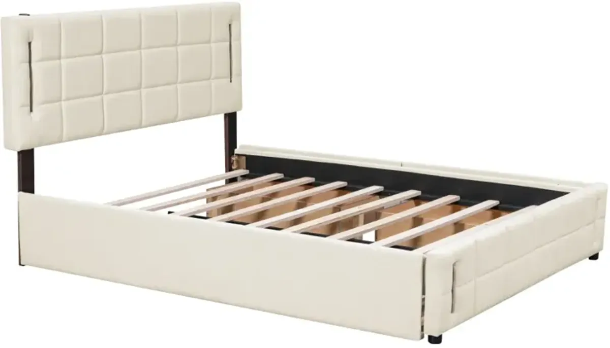 Queen Size Upholstered Platform Bed With Trundle And Drawers