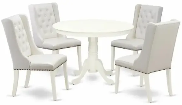 East West Furniture HLFO5-LWH-44 5-Piece Dinette Room Set Includes 1 Pedestal Dining Room Table and 4 Light Grey Linen Fabric Kitchen Chairs with Button Tufted Back - Linen White Finish