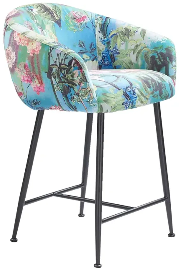 26 Inch Counter Stool Chair, Botanical Floral Print Blue Velvet, Black Legs - Benzara