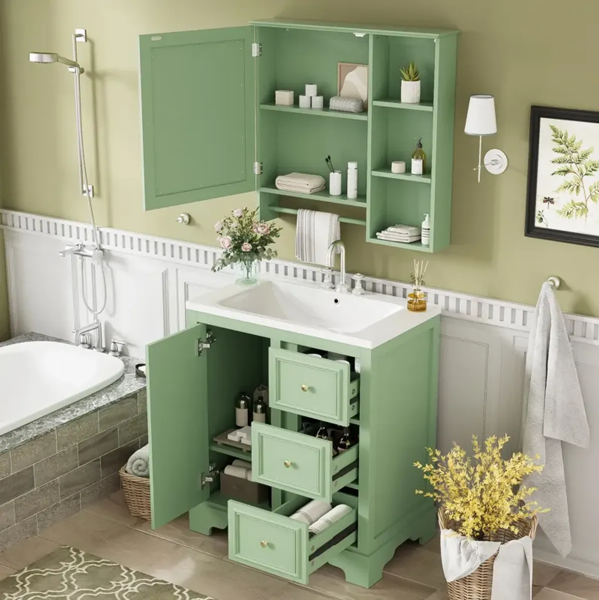 Merax Freestanding Bathroom Vanity Set with Mirror Cabinet