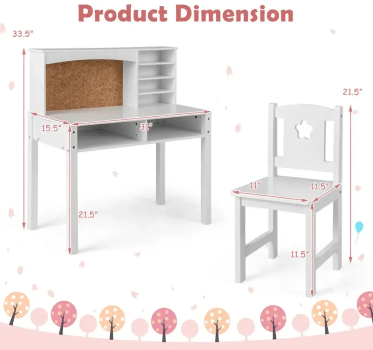 Hivvago Kids Desk and Chair Set with Hutch and Bulletin Board for 3+ Kids