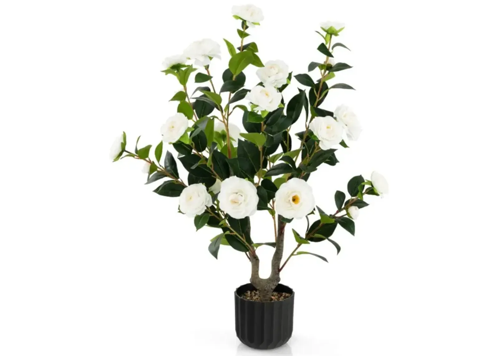 Hivvago 38 Inch Artificial Camellia Tree Faux Flower Plant in Cement Pot