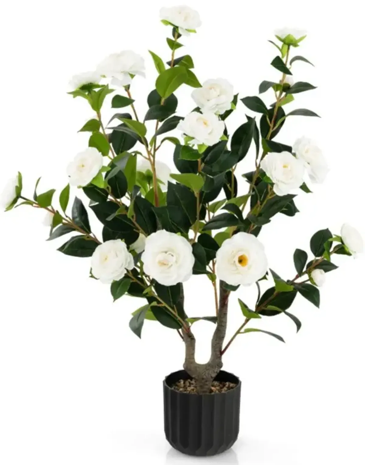 Hivvago 38 Inch Artificial Camellia Tree Faux Flower Plant in Cement Pot