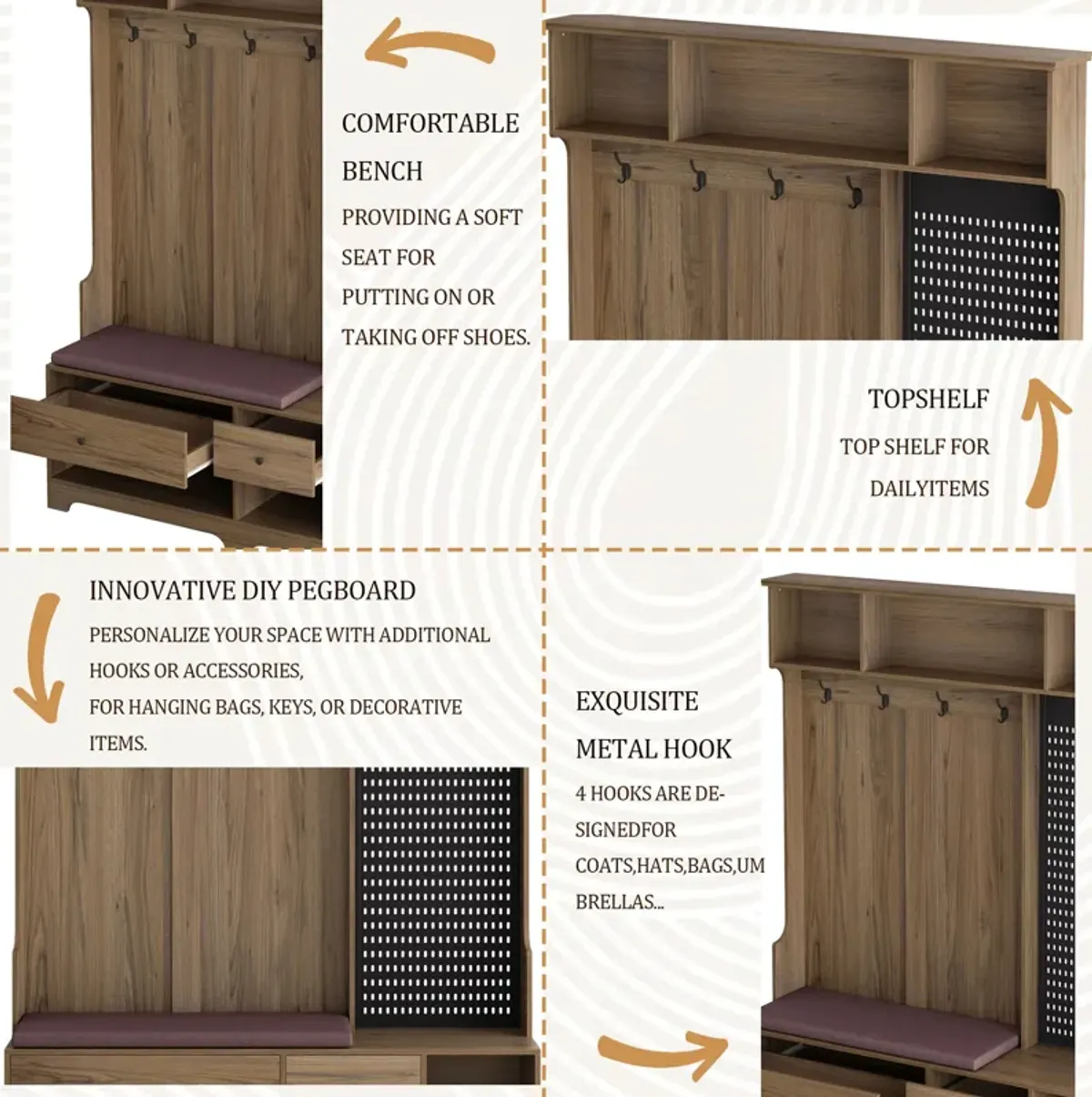 Hall Tree with Shoe Bench, Coat Rack ,Shoe Storage ,Storage Shelves and Pegboard, for Hallways, Halls and Bedrooms