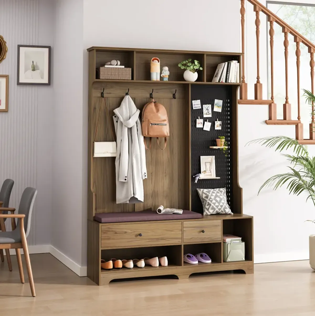 Hall Tree with Shoe Bench, Coat Rack ,Shoe Storage ,Storage Shelves and Pegboard, for Hallways, Halls and Bedrooms