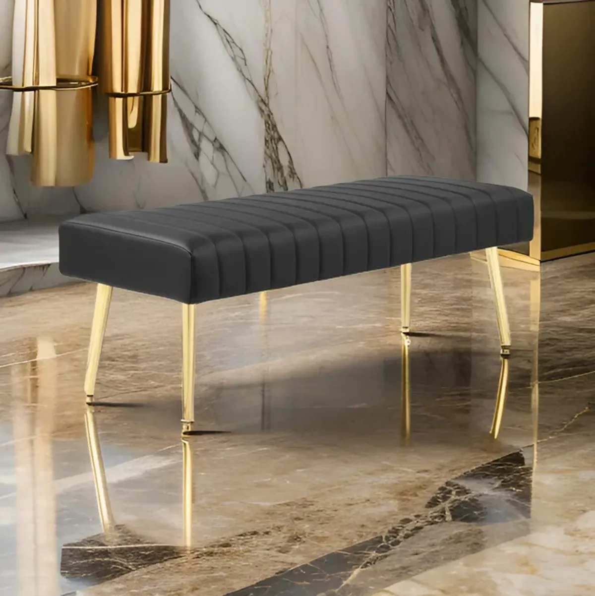 Lida 45 Inch Bench, Modern Tufted Lines, Black Faux Leather, Gold Metal - Benzara