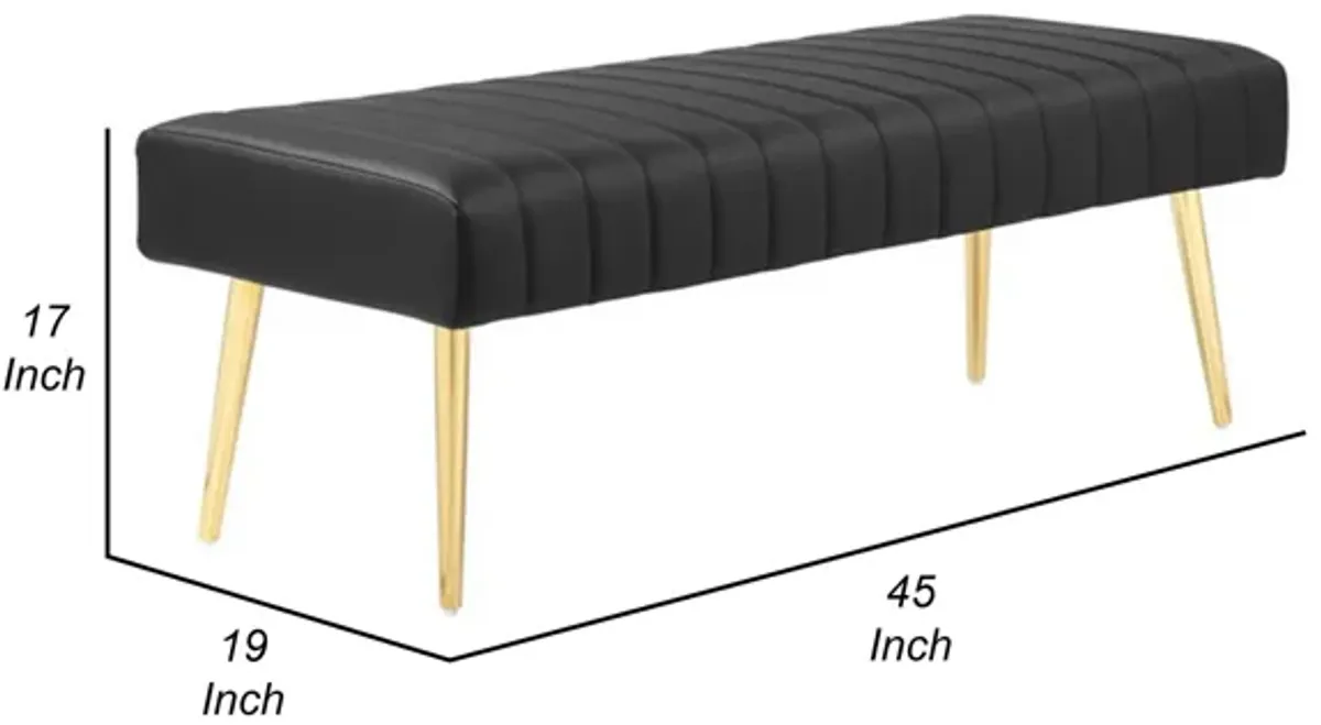 Lida 45 Inch Bench, Modern Tufted Lines, Black Faux Leather, Gold Metal - Benzara