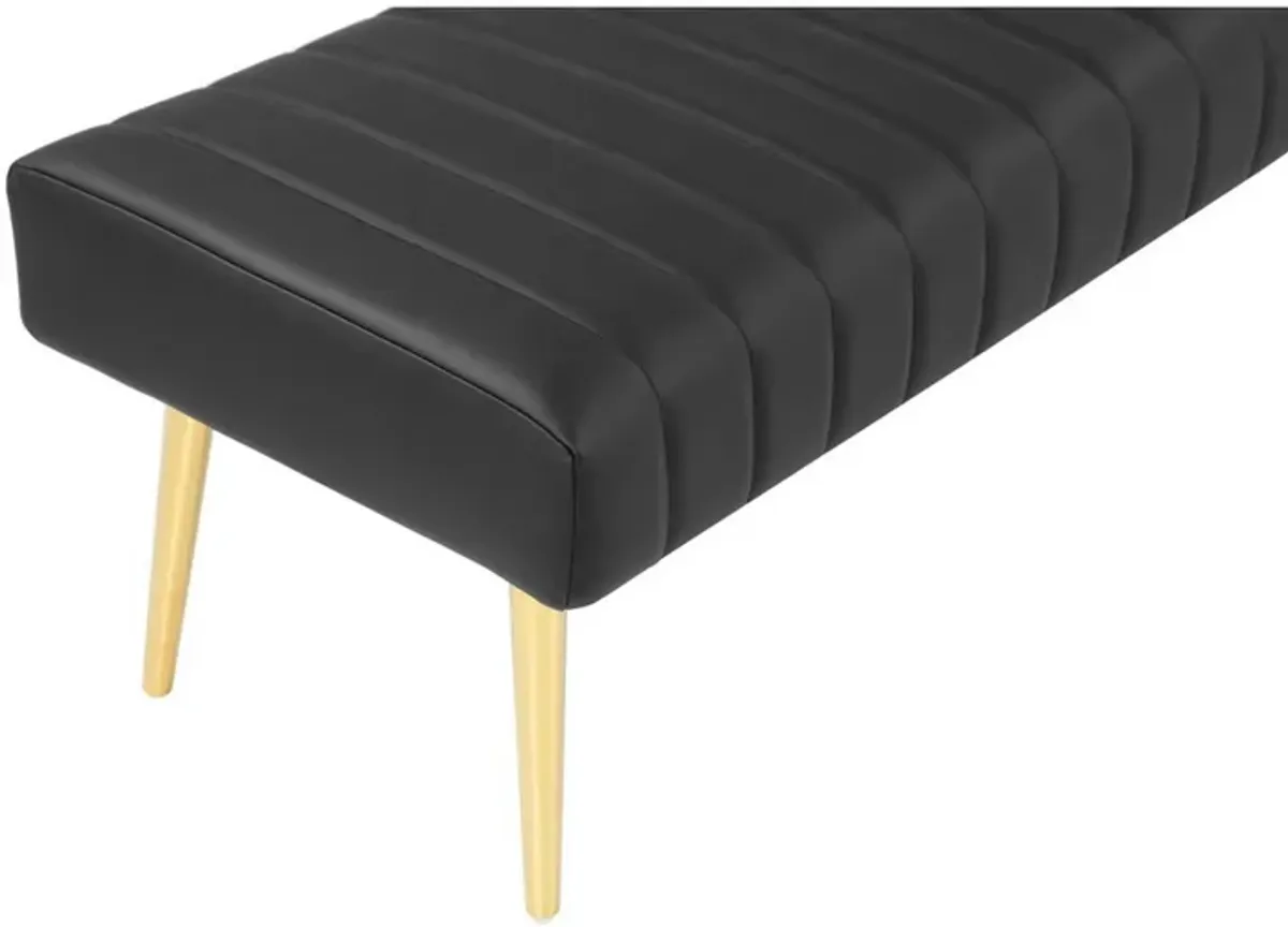 Lida 45 Inch Bench, Modern Tufted Lines, Black Faux Leather, Gold Metal - Benzara