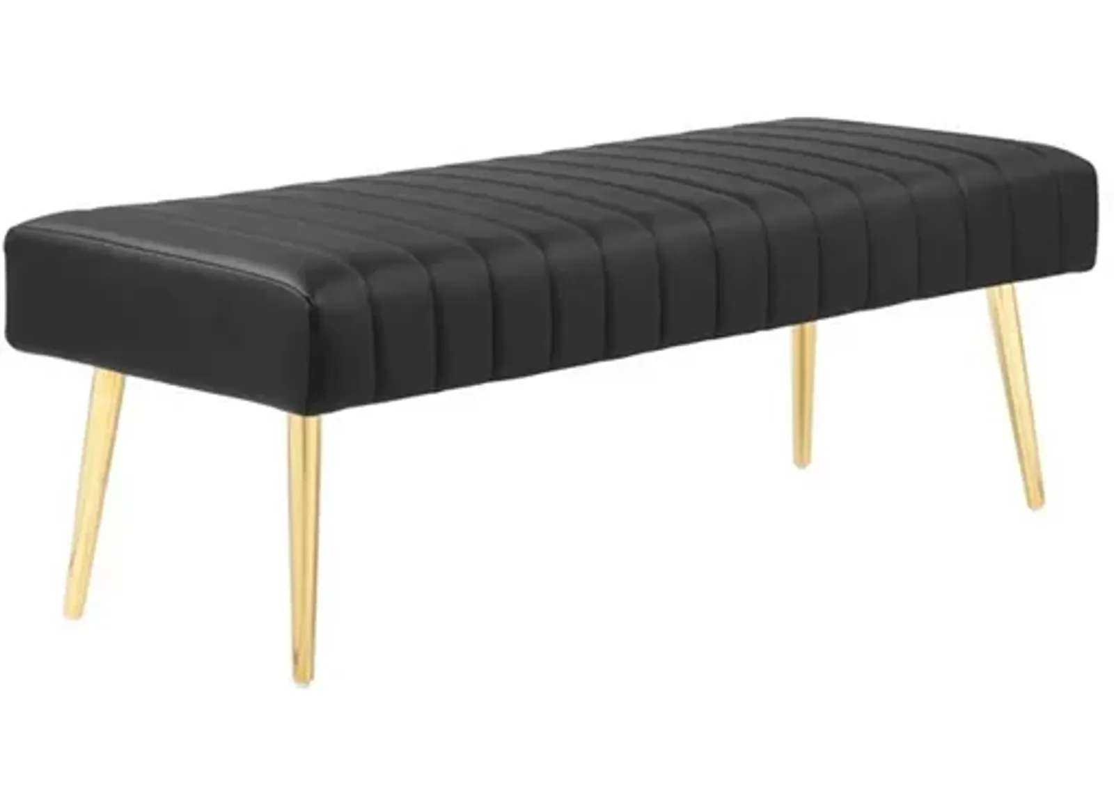 Lida 45 Inch Bench, Modern Tufted Lines, Black Faux Leather, Gold Metal - Benzara