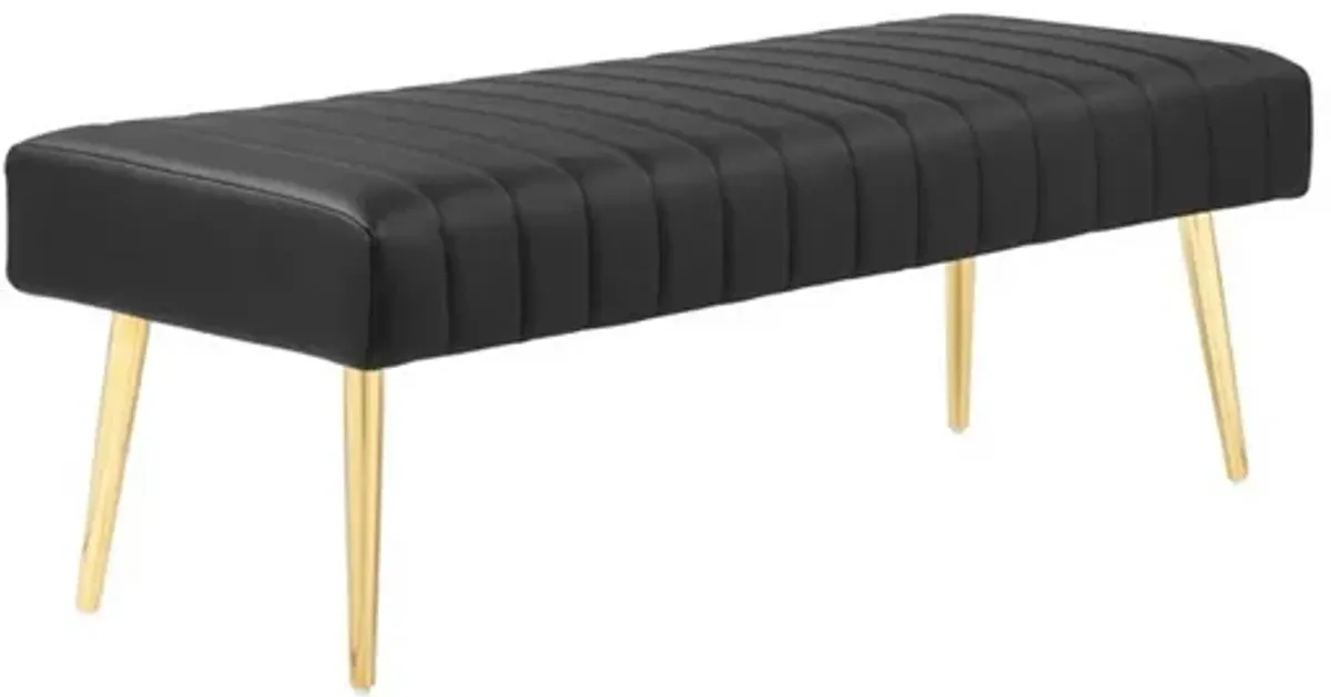 Lida 45 Inch Bench, Modern Tufted Lines, Black Faux Leather, Gold Metal - Benzara