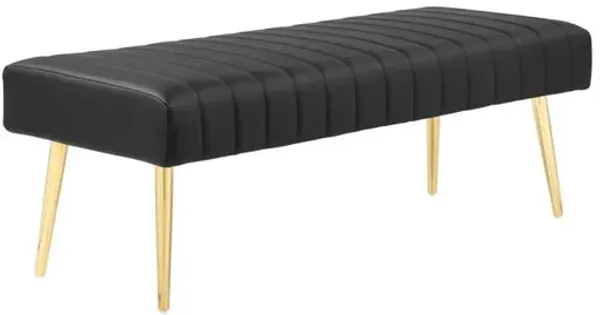 Lida 45 Inch Bench, Modern Tufted Lines, Black Faux Leather, Gold Metal - Benzara