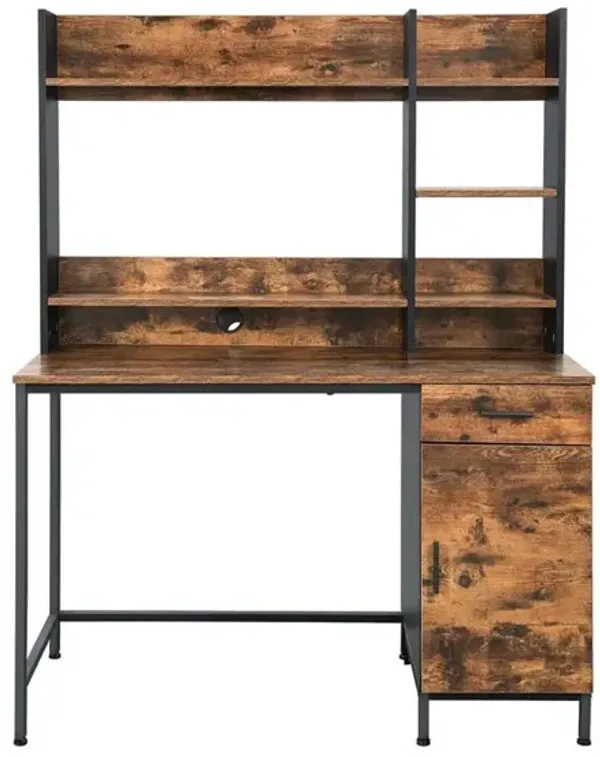 Hivvago Industrial Computer Desk with Hutch Rustic Brown