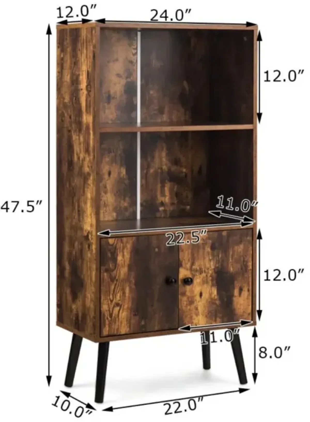 Hivvago 2-Tier Retro Bookcase Bookshelf with 3 Compartment-Coffee