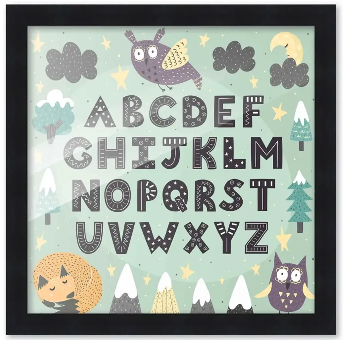 10x10 Framed Nursery Wall Art Hand Drawn Night Themed ABC Poster In Black Wood Frame For Kid Bedroom or Playroom