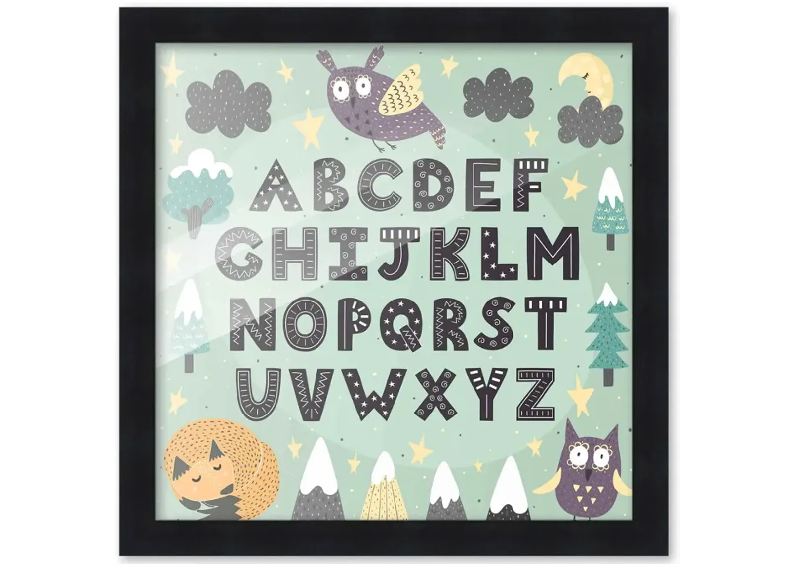 10x10 Framed Nursery Wall Art Hand Drawn Night Themed ABC Poster In Black Wood Frame For Kid Bedroom or Playroom