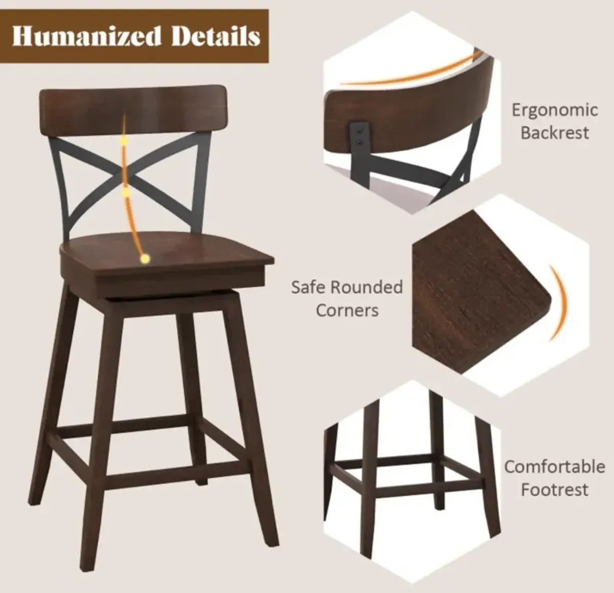 Hivvago Set of 2 Wooden Swivel Bar Stools with Open X Back and Footrest