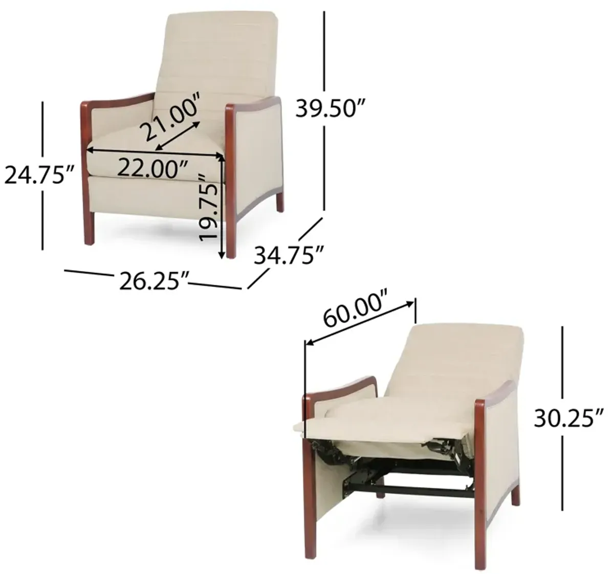 Ryka Pushback Manual Recliner Chair, Channel Stitch Beige, Birch Wood - Benzara