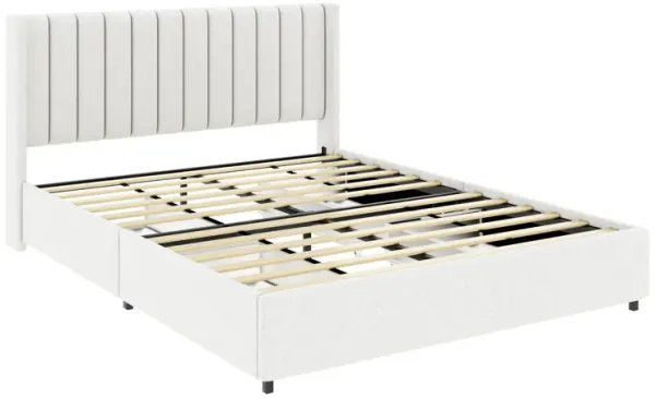 Ivory Boucle Upholstered Bed with Storage & Tufted Headboard