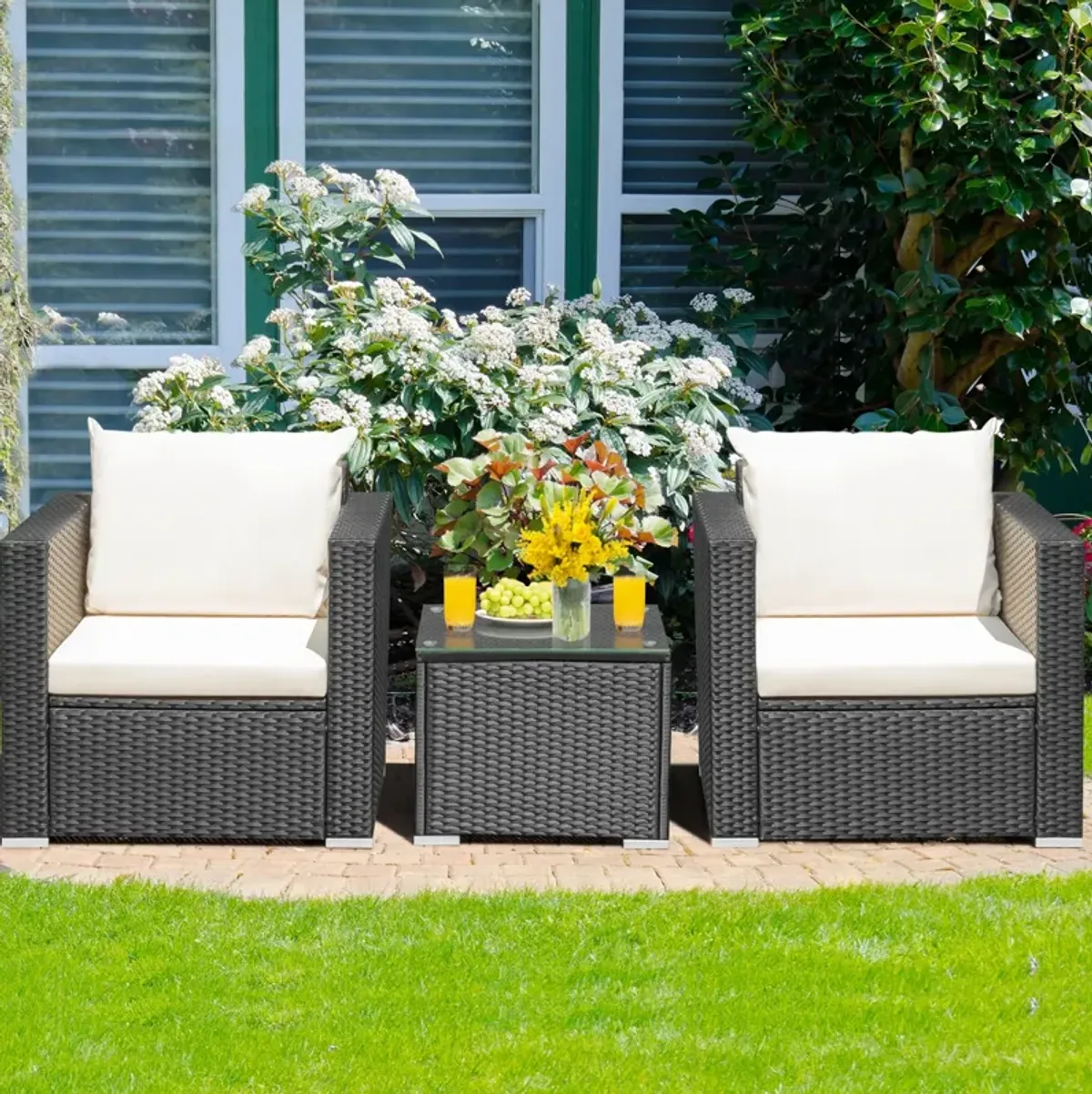 3 Pieces Patio Wicker Conversation Set�with Cushion