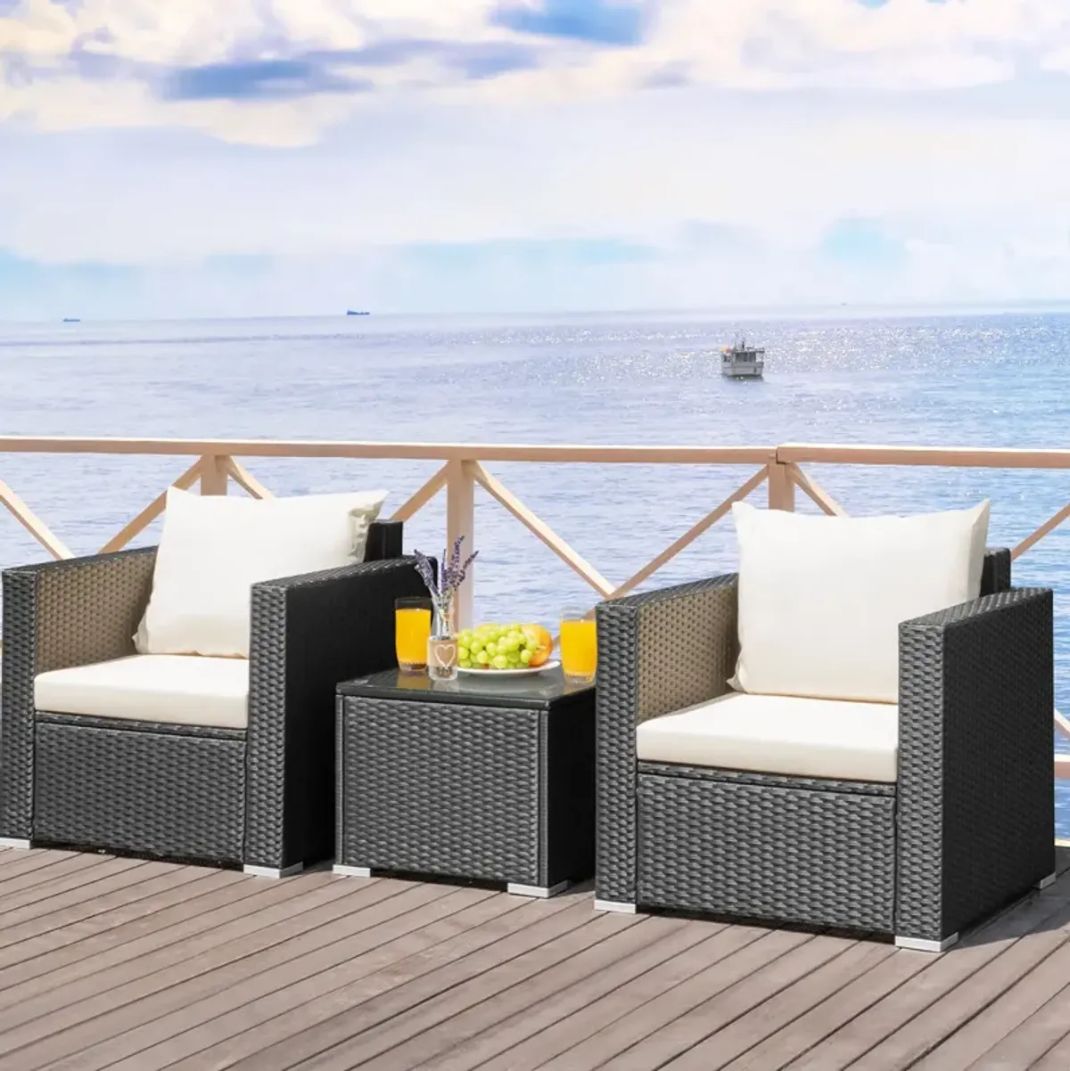 3 Pieces Patio Wicker Conversation Set�with Cushion