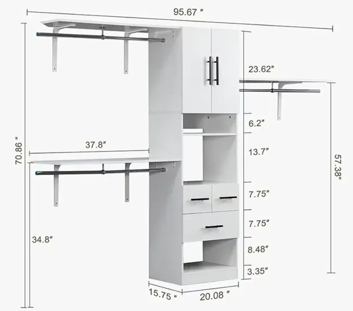 White 8ft Closet Organizer System Wood with 3 Shelves Towers 3 Drawers Hanging Rods Storage Cabinet and Garment Rack for Bedroom Built-in Closet 95.6"L x 15.7"W x 70.8"H