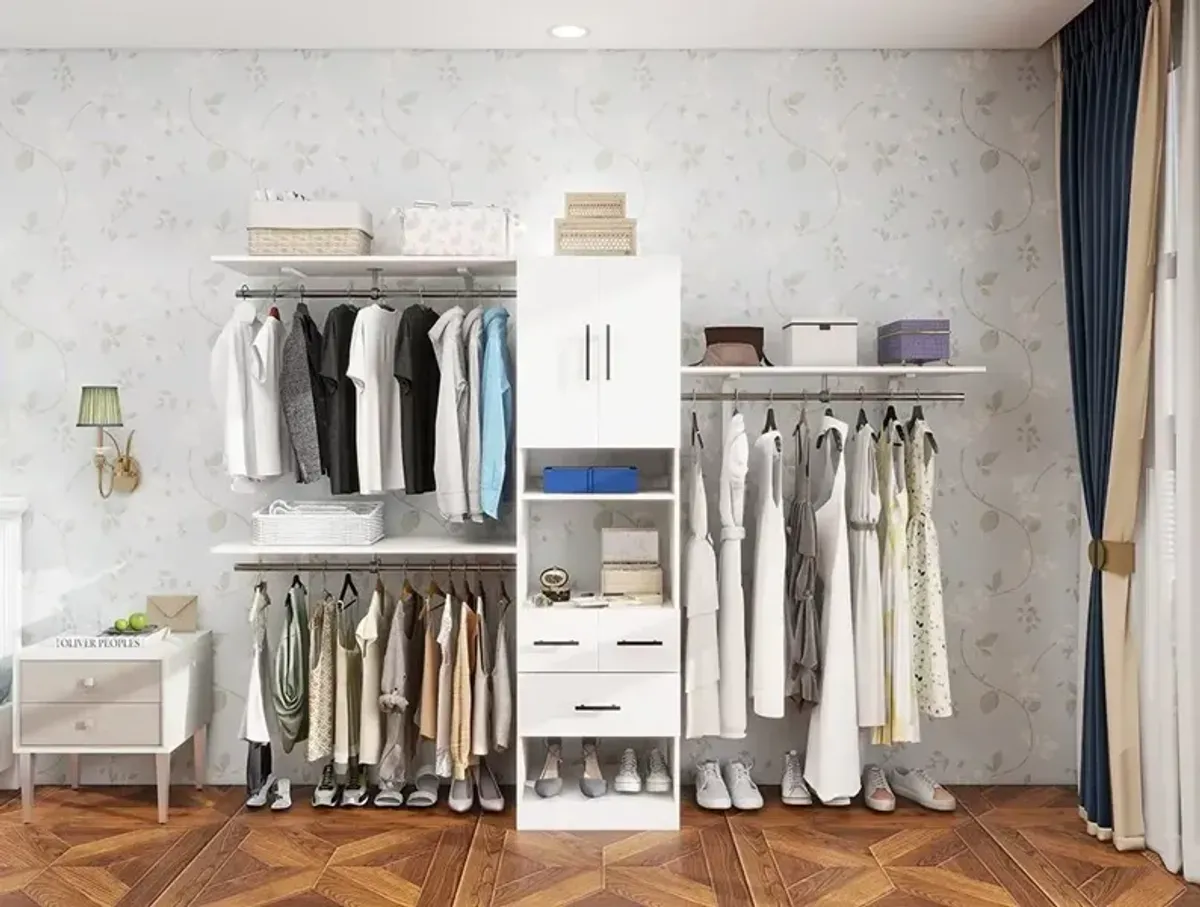 White 8ft Closet Organizer System Wood with 3 Shelves Towers 3 Drawers Hanging Rods Storage Cabinet and Garment Rack for Bedroom Built-in Closet 95.6"L x 15.7"W x 70.8"H