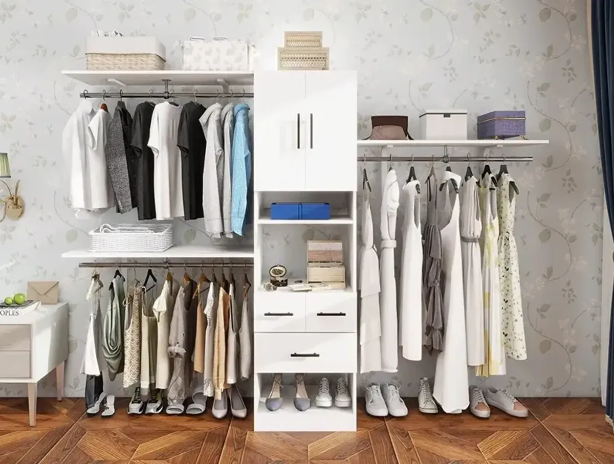 White 8ft Closet Organizer System Wood with 3 Shelves Towers 3 Drawers Hanging Rods Storage Cabinet and Garment Rack for Bedroom Built-in Closet 95.6"L x 15.7"W x 70.8"H